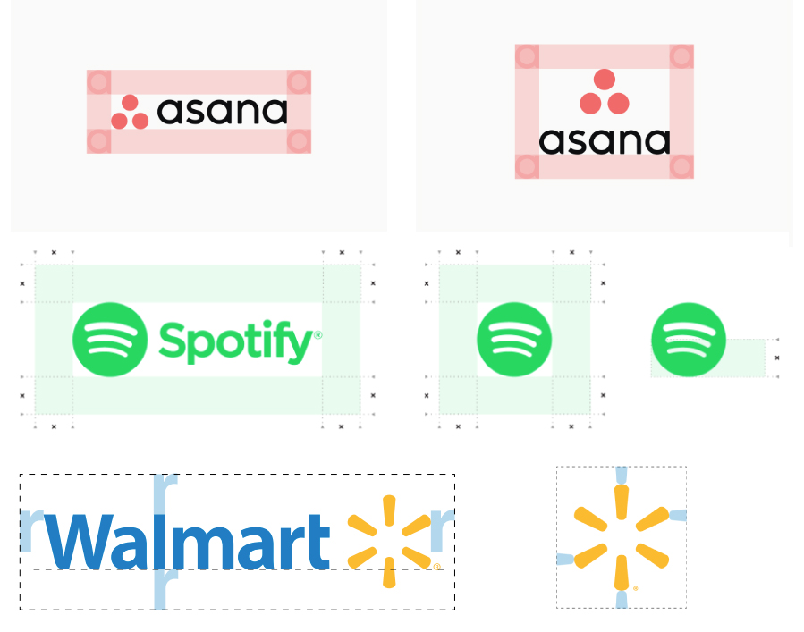 Examples of logo clear space from Asana, Spotify, and Walmart brands.